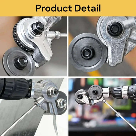 Close-up views of Electric Drill Plate Cutter Nibbler Attachment for cutting iron, steel, copper, and aluminum with precise grooves.
