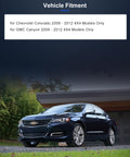 Blue sedan parked in front of a garage with vehicle fitment text overlay for Chevrolet Colorado and GMC Canyon 4x4 models.