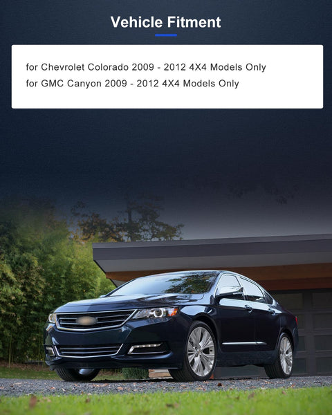 Blue sedan parked in front of a garage with vehicle fitment text overlay for Chevrolet Colorado and GMC Canyon 4x4 models.