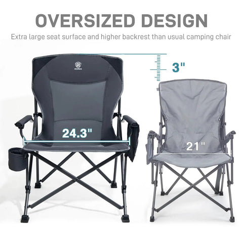 Oversized Folding Camping Chair For Outdoors with 24.3-inch seat, high back, and side pockets next to smaller chair for comparison.