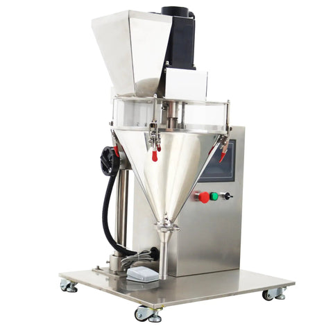 Rock Solid Semi Automatic Powder Filling Machine Crafted From Heavy Duty Stainless Steel With No Fuss Touchscreen Setup Perfect For Quick Desktop Packing Tasks Smooth Stepper Motor Drives, showcasing side angle with clear layout.