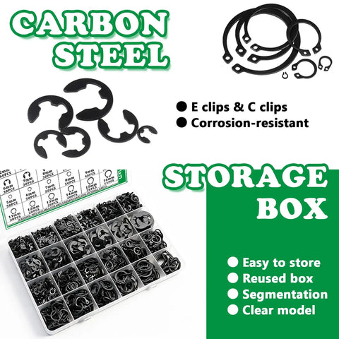 Must Have Snap Ring Kit 900Pcs E Clips And C Clips Assortment Set in carbon steel storage box