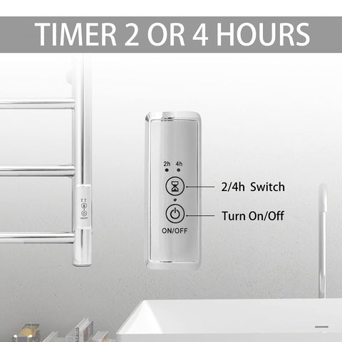 Go To Wall Mounted Towel Warmer With Built In Timer 8 Bar Heated Towel Rack Stainless Steel IP56 Waterproof Chrome Finish showing timer
