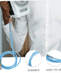 Person holding iron with High Pressure Steam Hose Tube For Professional Steam Irons in sky-blue color, durable and easy to install.