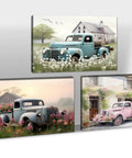 Farmhouse Style Truck Wall Art Set Of 3, rustic old trucks with floral accents on canvas, vintage American farm decor, cozy vibe