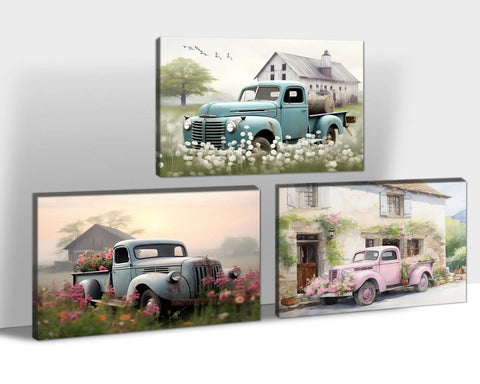 Farmhouse Style Truck Wall Art Set Of 3, rustic old trucks with floral accents on canvas, vintage American farm decor, cozy vibe