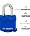 Weatherproof Padlock With Laminated Steel Body And Hardened Shackle One And Nine Sixteenths Inch Wide Blue Thermoplastic Shell Dual Ball Bearing Locking Four Pin Cylinder Built To Last For Outdoor Security On Gates Sheds And Gear, showing blue padlock with metal shackle and labeled features