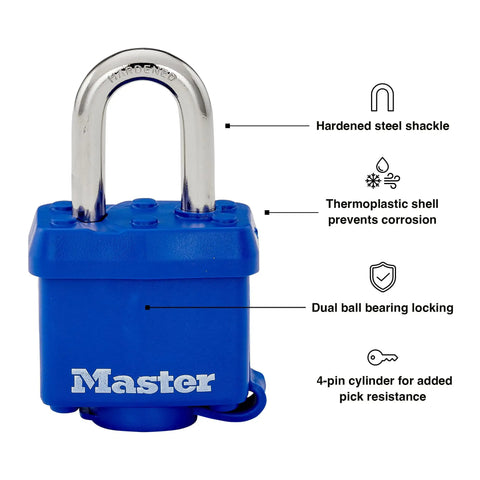 Weatherproof Padlock With Laminated Steel Body And Hardened Shackle One And Nine Sixteenths Inch Wide Blue Thermoplastic Shell Dual Ball Bearing Locking Four Pin Cylinder Built To Last For Outdoor Security On Gates Sheds And Gear, showing blue padlock with metal shackle and labeled features