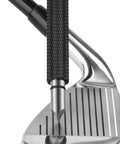 Golf Club Groove Sharpener Regrooving Tool And Cleaner For Wedges And Irons Generate Optimal Backspin Suitable For U Grooves And V Grooves Black Durable Pro Grade Steel For Precise Backspin Restoration On All Clubs held against a club head
