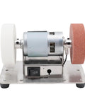 Super Compact Mini Bench Grinder With Two Polishing Wheels And Seven Speed Settings showing the stainless steel base and polishing wheels.
