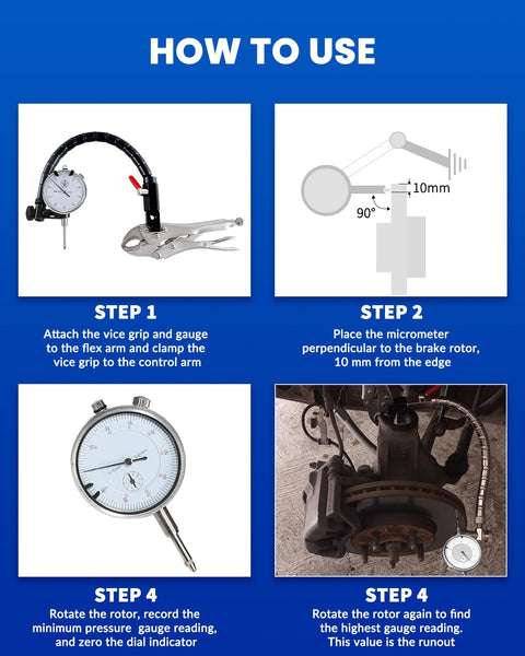 Pro Grade Disc Brake Rotor Gauge For Runout And Flatness Check with usage instructions and measurement steps.