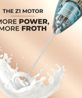 Milk Frother Handheld Electric Whisk For Creamy Foam, close-up of whisk with milk, emphasis on Z1 motor.