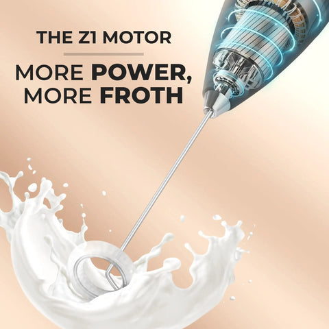 Milk Frother Handheld Electric Whisk For Creamy Foam, close-up of whisk with milk, emphasis on Z1 motor.
