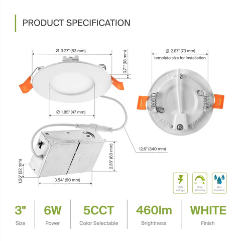 3 Inch LED Recessed Light Kit Ultra Thin Dimmable Ceiling Lights With J Box 2700K 3000K 3500K 4000K 5000K Color Temps 6W 30W Equivalent Canless Wafer Round Slim Panel UL Energy Star Black 6 Pack