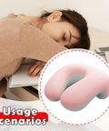 Woman using Desk Nap Pillow With Memory Foam Neck Support, Breathable Removable Cover, for work.