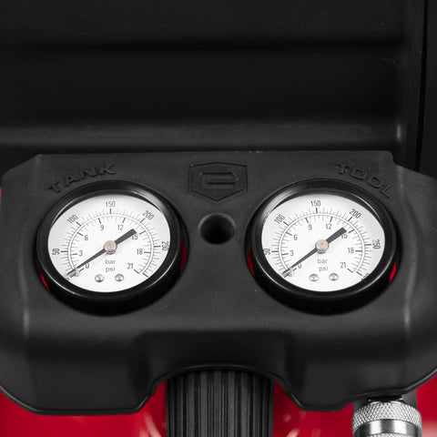 Close-up of gauges showing pressure readings on the Smooth Operator 33 Gallon Air Compressor Delivers 175 PSI.