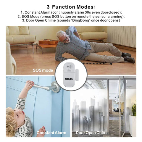 Three function modes of Two Pack Door Alarms For Kids Safety With 130dB Window Sensor Alarm And Remote shown with images of usage scenarios