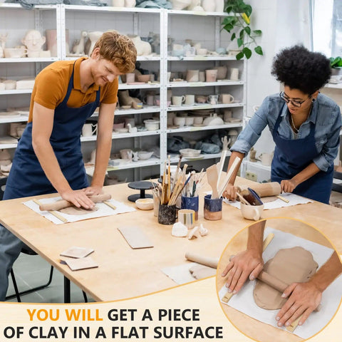 Two people using 10 Piece Pottery Rolling Pin Guides Set Wood Depth Guides For Clay Polymer Clay Mudboard Tools in studio.
