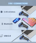 2D Bluetooth Barcode Scanner With 3 In 1 Connectivity Bluetooth 2.4G And USB Wired Handheld Cordless QR Reader shown with laptop and tablet