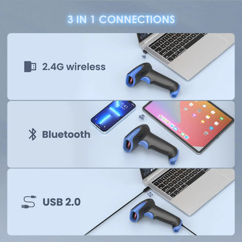 2D Bluetooth Barcode Scanner With 3 In 1 Connectivity Bluetooth 2.4G And USB Wired Handheld Cordless QR Reader shown with laptop and tablet