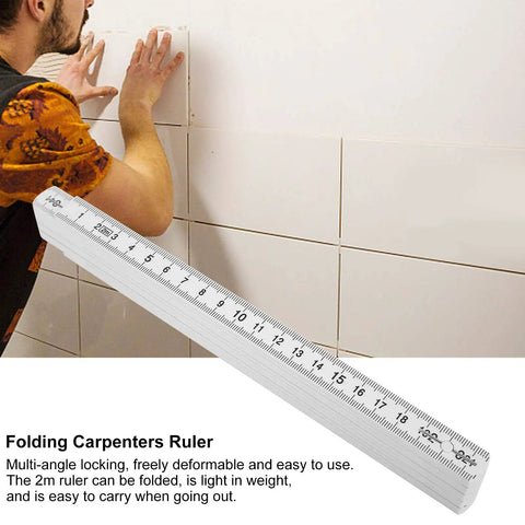 Heavy Duty Folding Carpenter Ruler Pair Offering Two Meter Straight Shooting Layout Measurements Lightweight Compact Abs Measure Stick for woodworkers, used for precise tiling.