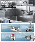 Top Shelf Four Inch Center Wall Mount Sink Faucet With Slick Chrome Plating And Hella Tough Dual Levers Delivering Smooth Three Sixty Degrees Swivel For Quick Kitchen Prep Laundry Sorting Or Camper Bathroom Refreshes in a commercial kitchen setting.