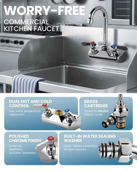 Top Shelf Four Inch Center Wall Mount Sink Faucet With Slick Chrome Plating And Hella Tough Dual Levers Delivering Smooth Three Sixty Degrees Swivel For Quick Kitchen Prep Laundry Sorting Or Camper Bathroom Refreshes in a commercial kitchen setting.