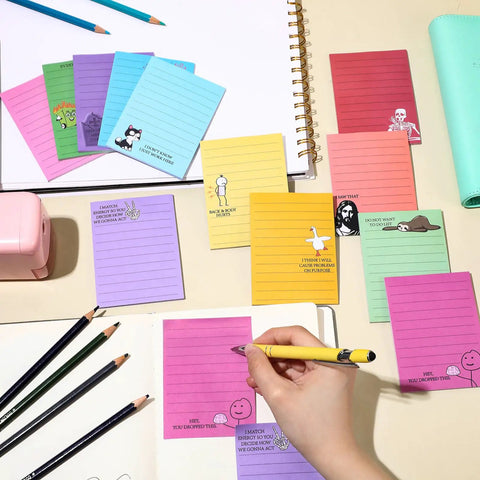 12 Pack Hilarious Funny Sticky Notes For Work 4x3 Inches Sarcastic Self Adhesive Notepads Quirky Multi Color Memo Pads displayed on desk