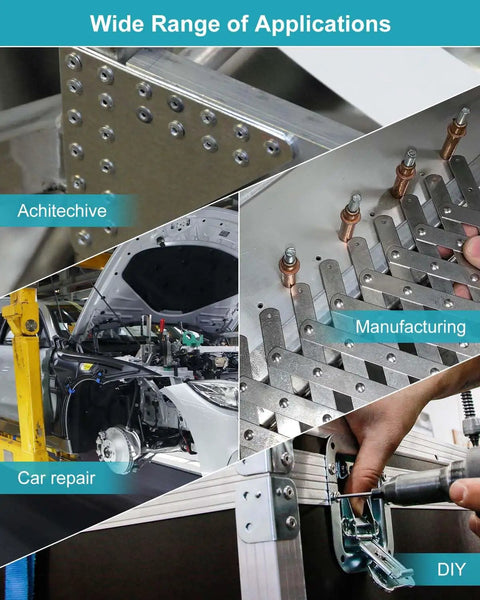 Wide range of applications for BOQNZN Cordless Rivet Gun Kit, including car repair and manufacturing uses.