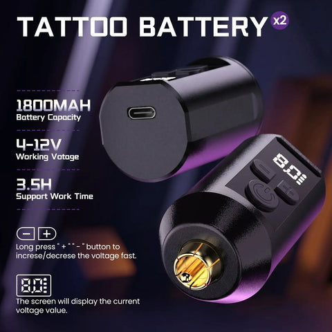 Wireless Rotary Tattoo Starter Kit For Beginners With Dual 1800mAh Batteries showing charging port and display screen.