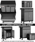 7 Drawer Tool Chest On Wheels, 40 Inch Rolling Metal Toolbox With Detachable Top, Sturdy Garage Storage Cabinet For Home Workshop, Includes Hooks, Liners, Tray Divider, Heavy Duty Black; open and closed views