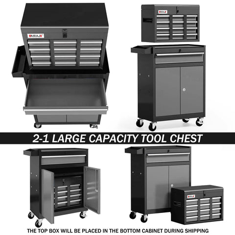 7 Drawer Tool Chest On Wheels, 40 Inch Rolling Metal Toolbox With Detachable Top, Sturdy Garage Storage Cabinet For Home Workshop, Includes Hooks, Liners, Tray Divider, Heavy Duty Black; open and closed views
