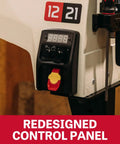 Close-up of the 12 By 21 Inch Variable Speed Woodworking Lathe With 1 HP 115V 1 Phase Three RPM Ranges 60 to 900 110 to 1800 220 to 3600 Ratchet Belt Tension System Big DRO Recessed Power Switch Smooth Forward And Reverse Spring Loaded Spindle Lock control panel with digital display and red safety switch.
