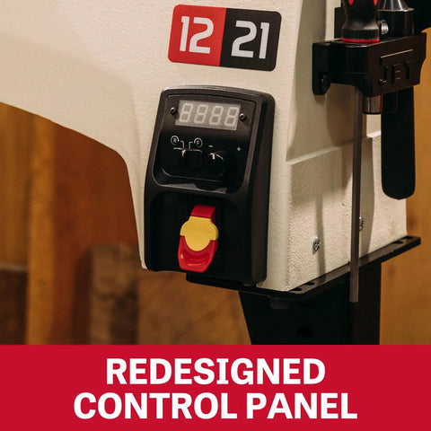 Close-up of the 12 By 21 Inch Variable Speed Woodworking Lathe With 1 HP 115V 1 Phase Three RPM Ranges 60 to 900 110 to 1800 220 to 3600 Ratchet Belt Tension System Big DRO Recessed Power Switch Smooth Forward And Reverse Spring Loaded Spindle Lock control panel with digital display and red safety switch.