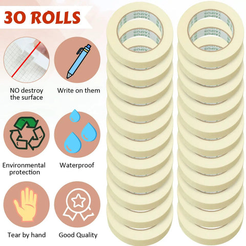 30 Rolls Masking Tape Bulk 55 Yards Each For Classroom Labeling Crafts Office School Projects Super Handy Easy Tear And Clean Removal Beige White 1 Inch General Purpose Tape arranged vertically with features.