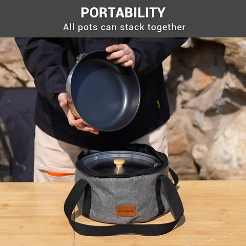 Camping Cookware Set In 304 Stainless Steel With Pots Pan Kettle Colander And Tote shown stacked for portability.