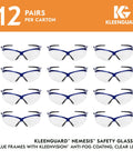 Set of 12 Antifog Safety Glasses Built For The Daily Grind Full Case Bulk Pack With Crystal Clear Lenses And Flexible Metallic Blue Frames.