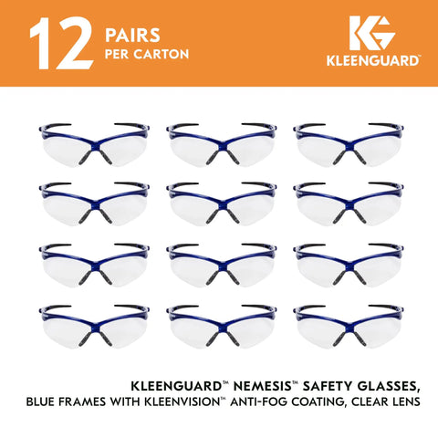 Set of 12 Antifog Safety Glasses Built For The Daily Grind Full Case Bulk Pack With Crystal Clear Lenses And Flexible Metallic Blue Frames.