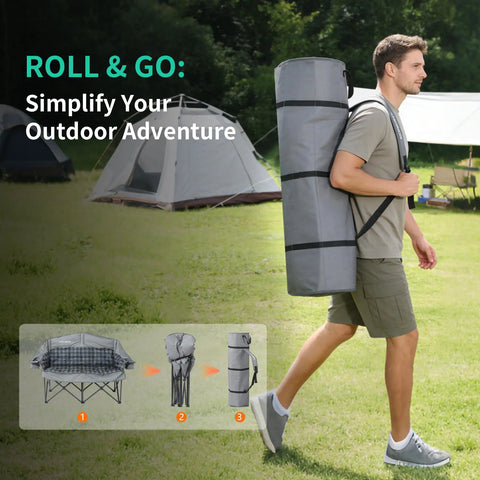 Man carrying Beast Mode Double Camping Chair With Cup Holders And Carry Bag, Heavy Duty Padded Folding 2 Person Outdoor Couch