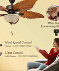 Universal Ceiling Fan Remote Kit With 3 Speed Settings And Light Dimmer Compatible With Hunter Fans Harbor Breeze Home Decorators And More Wall Mount Holder Included For Easy Setup, woman using remote control, ceiling fan with leaf design blades.