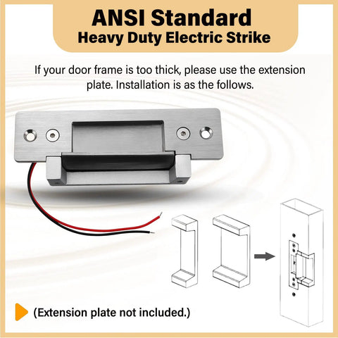 Heavy Duty Electric Door Strike Lock For Door Access Control System With ANSI Standard Fail-Secure And Fail-Safe Modes, shown with wiring and installation guide, for cylindrical or mortise install, compatible with aluminum power supplies.