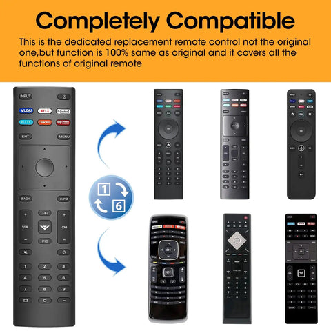 Image of seven universal remote controls including Three Pack Replacement Remote For All Smart TV Models Universal Backup Remote Control With Auto Pair Easy Setup No Programming Needed Works Right Out Of The Box Great For Home Theater And Everyday TV Use, showcasing compatibility and various button layouts.