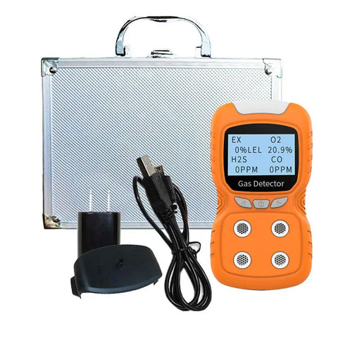 Ready To Use 4 Gas Detector With Electrochemical Sensors For LEL O2 CO H2S shown with aluminum box and charger