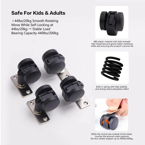 Set Of 4 Dead Silent Caster Wheels With Auto Locking Stem And 360 Swivel Top Plate for easy installation and smooth rolling.