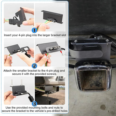 Vehicle Side 4 Way Flat Trailer Wiring Harness Mounting Bracket Kit installation step-by-step with close-up details