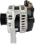 Side view of Drop-In Replacement 12V 155Amp CW Alternator Fits Ford Crown Victoria 2009, E-150 2009-2014, durable silver housing