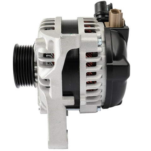 Side view of Drop-In Replacement 12V 155Amp CW Alternator Fits Ford Crown Victoria 2009, E-150 2009-2014, durable silver housing
