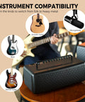 40W Desktop Amp For Acoustic Electric Bass And Mic With 52 Amp Models And 49 FX For Live Streaming And Studio Recording Featuring Looper Drum Machine XLR 48V Phantom Power Wireless Receiver And App Control Jam Buddy III Black on table with instrument compatibility details