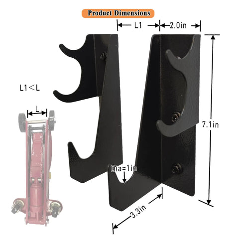Heavy Duty Steel Floor Jack Holder And Jack Stand Wall Mount Hook Rack In Black Electroplate, shown with dimensions.