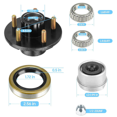 Pro Grade Trailer Idler Hub Assembly Set Of 2 Featuring 5 Lug 4.5 Inch Bolt Pattern, components labeled with measurements.